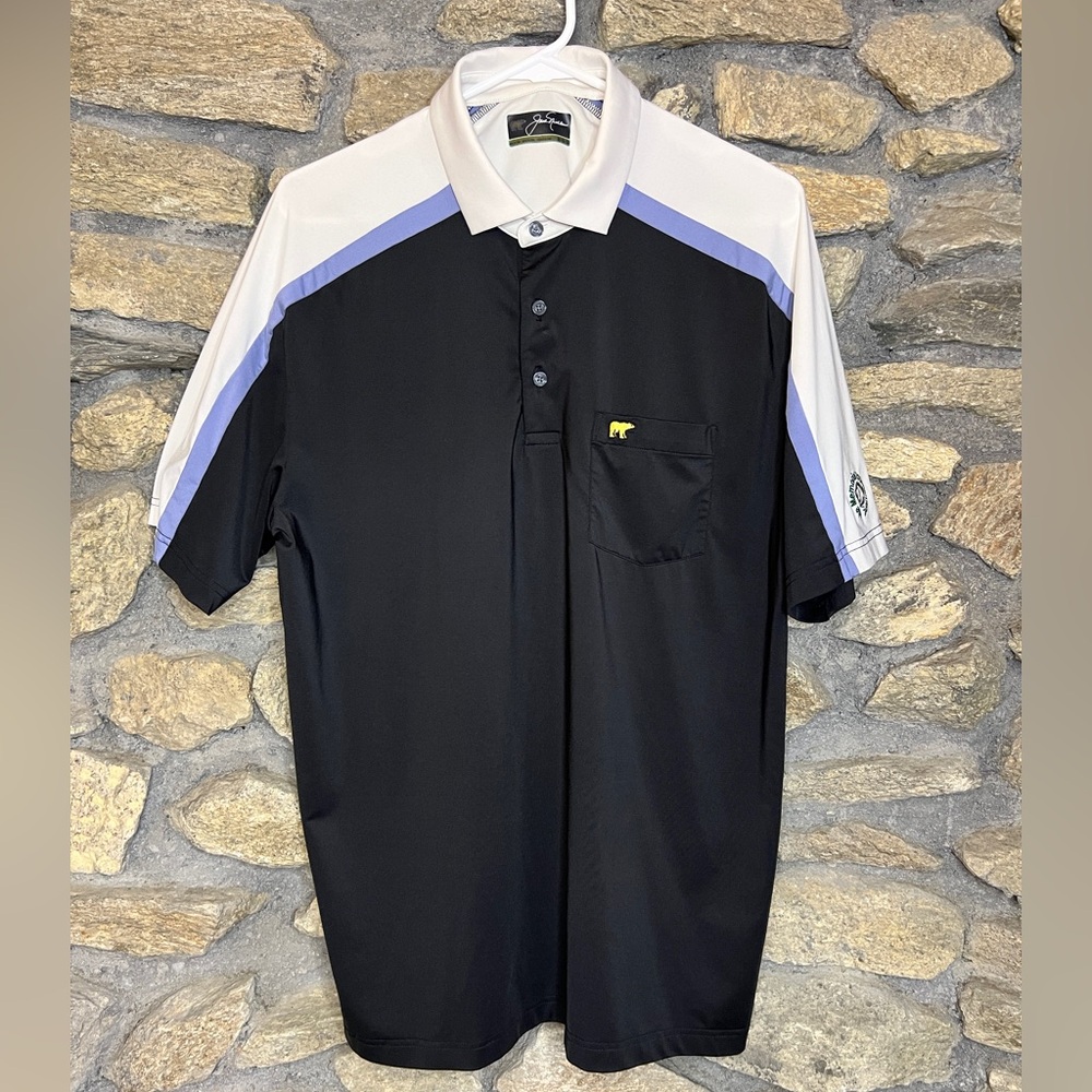 Men's Black and White Polo Shirt with Blue Accents